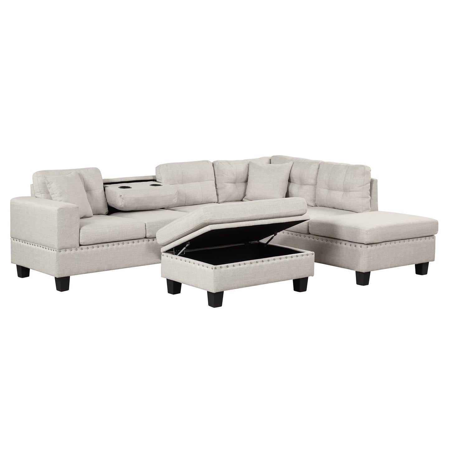 104.5" Modern Sectional Sofa With Storage Ottoman, L-Shape Couch With 2 Pillows and Cup Holder,Sectional Sofa