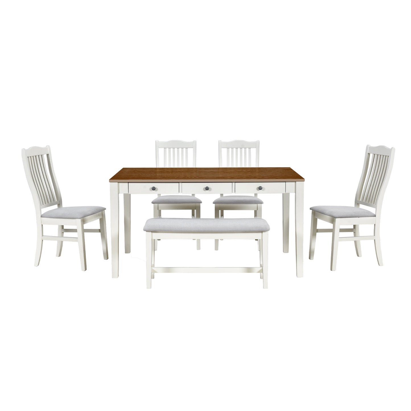 Mid-Century 6-Piece Wood Dining Table Set, Kitchen Table Set With Drawer, Upholstered Chairs and Bench, Butter Milk