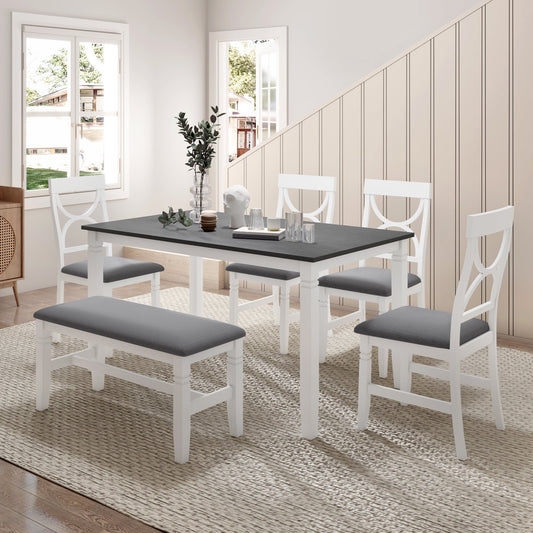 6-Piece Wood Dining Table Set Kitchen Table Set With Upholstered Bench and 4 Dining Chairs, Farmhouse Style,Gray+White