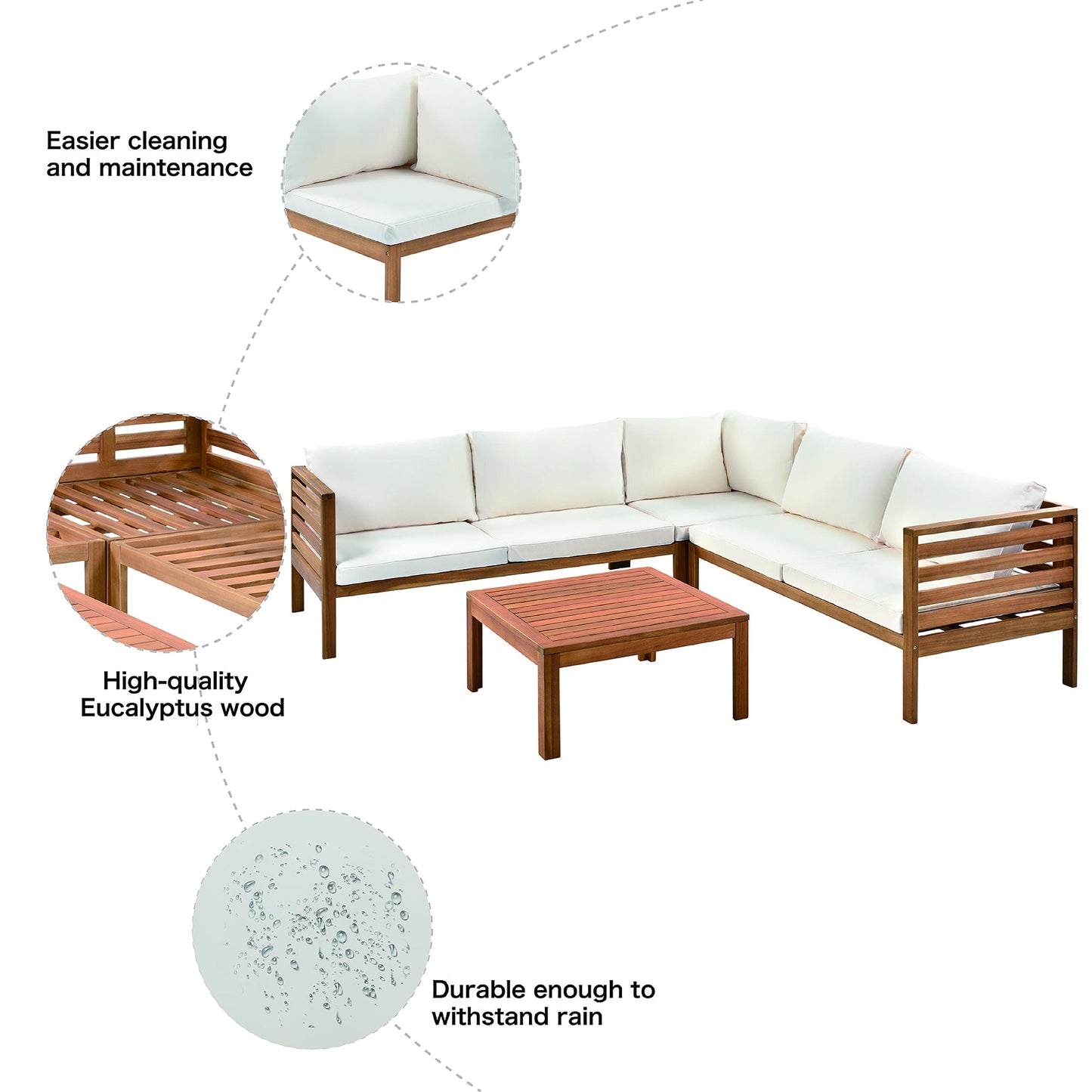 Wood Structure Outdoor Sofa Set With Beige Cushions Exotic Design Water-Resistant and UV Protected Texture High Quality