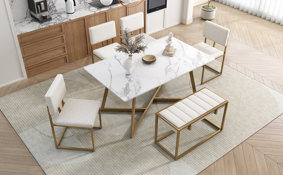 Modern Faux Marble 6-Piece Dining Table Set,60inch Metal Kitchen Table Set With Upholstered Dining Chairs and Bench