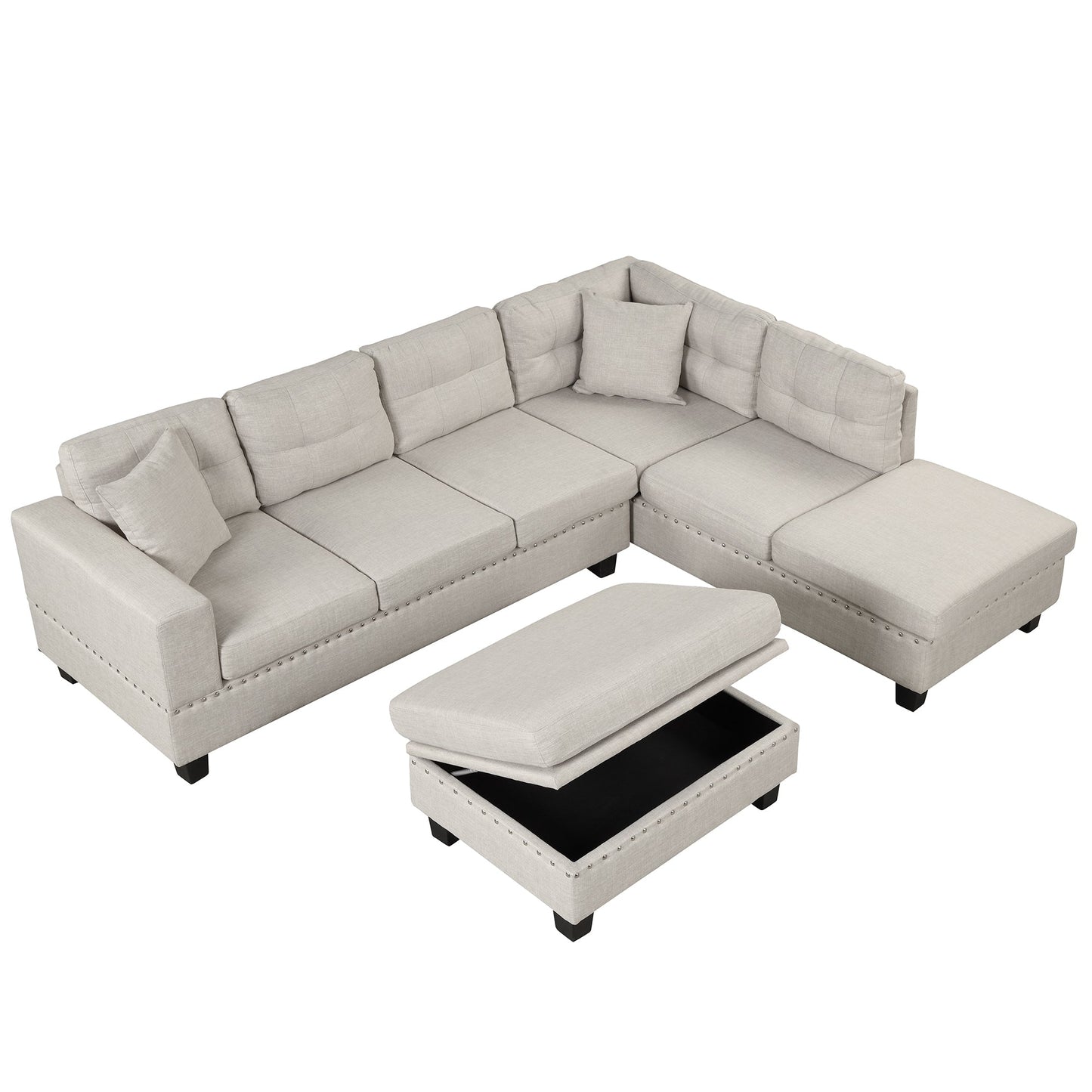 104.5" Modern Sectional Sofa With Storage Ottoman, L-Shape Couch With 2 Pillows and Cup Holder,Sectional Sofa