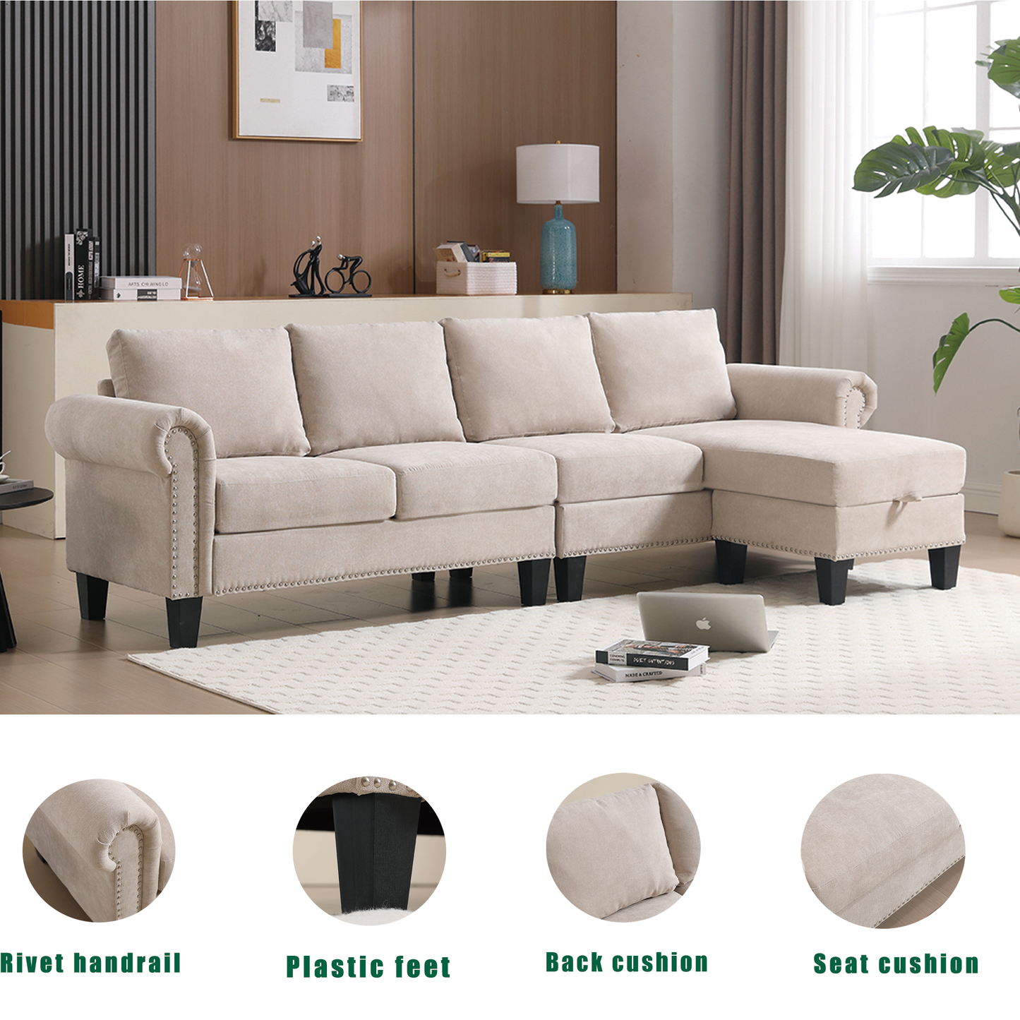 Convertible Sectional Sofa With Storage,L-Shaped Sofa,Four-Seater Sofa,Modern Linen Fabric Sectional Couches for Living