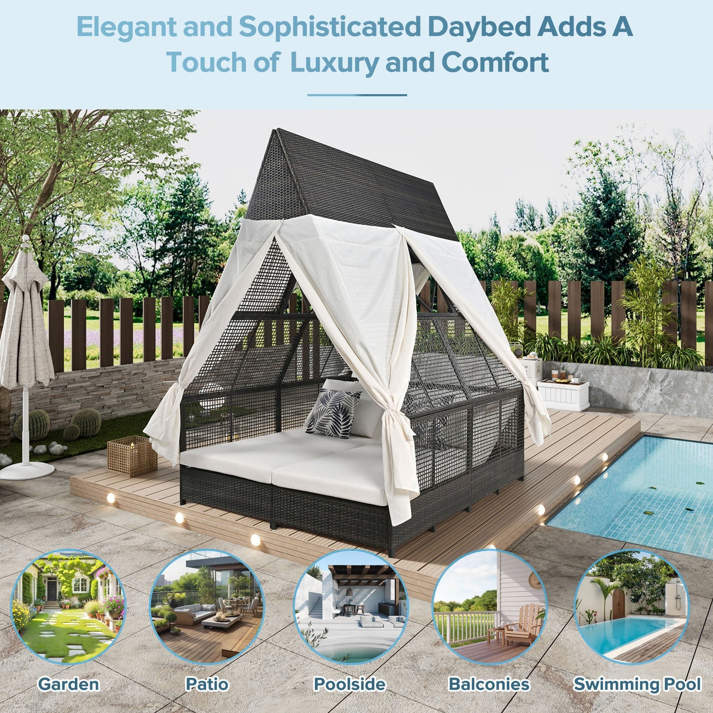 Outdoor Daybed Patio Lounge Bed With Adjustable Backrest Outdoor