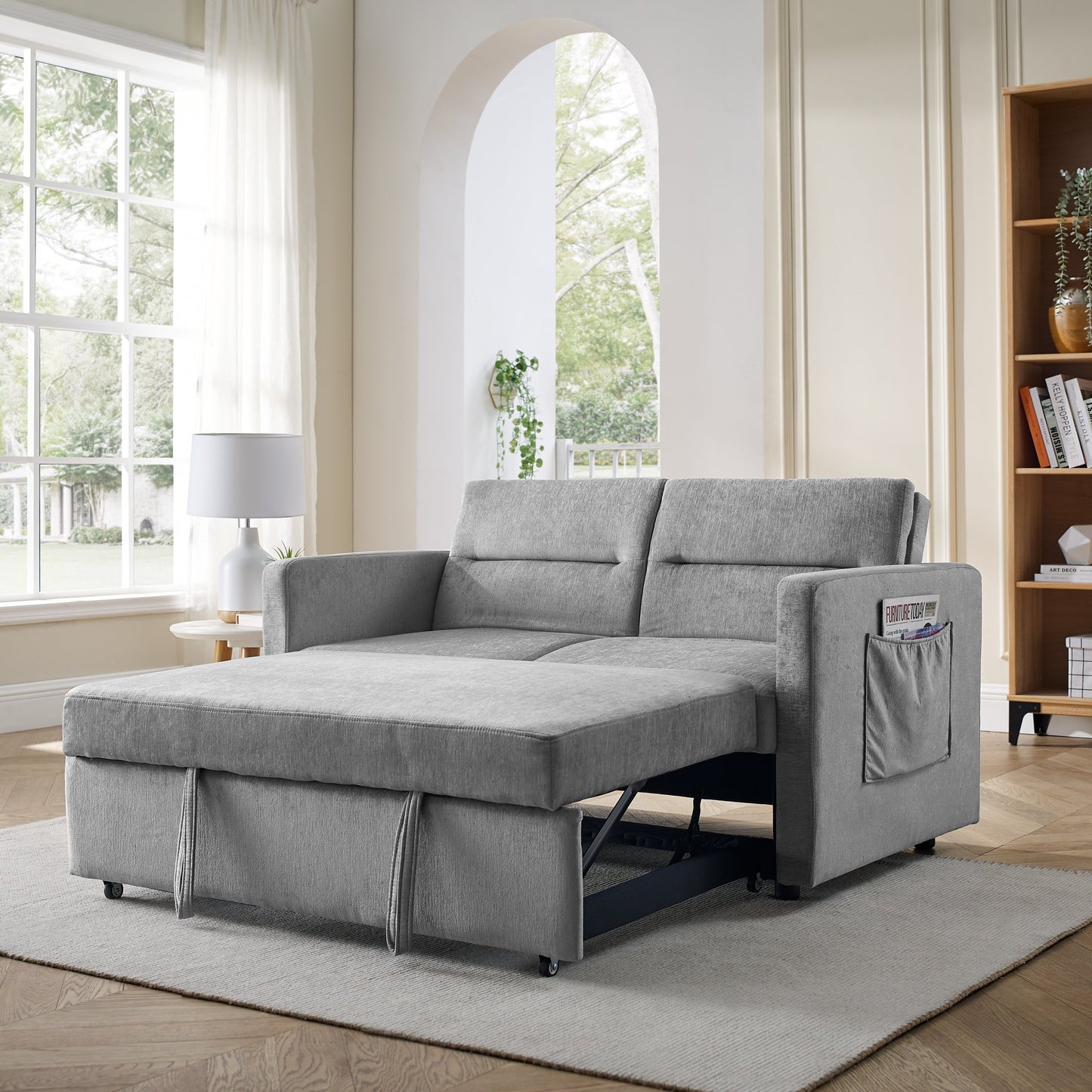 Loveseats Sofa Bed With Pull-Out Bed, Adjsutable Back and Two Arm Pocket,Grey