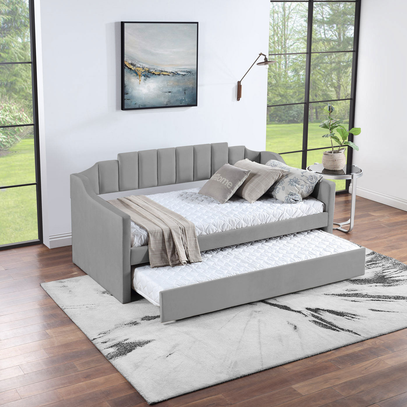 Velvet Daybed With Trundle Upholstered Tufted Sofa Bed,  Both Twin Size, Grey