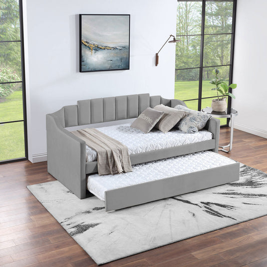 Velvet Daybed With Trundle Upholstered Tufted Sofa Bed,  Both Twin Size, Grey