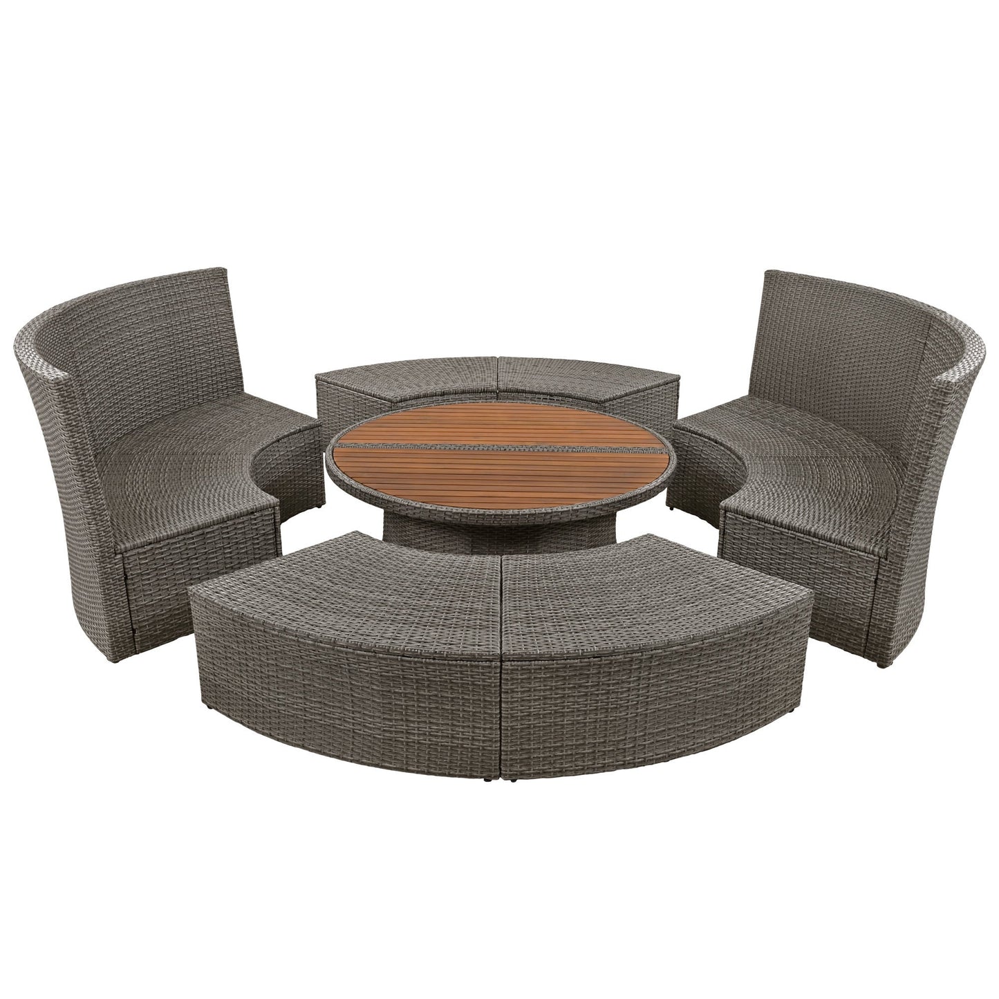 Patio 5-Piece Round Rattan Sectional Sofa Set All-Weather PE Wicker Sunbed Daybed With Round Liftable Table and Washable