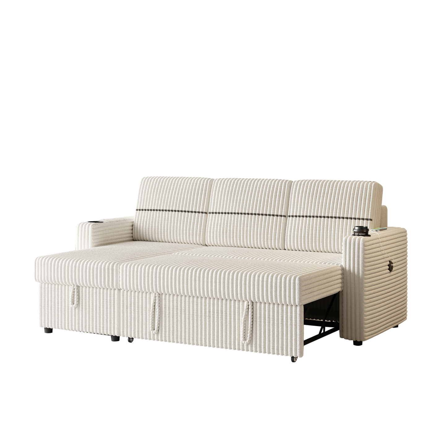 85 Inches Corduroy Sofa Bed, 3 Seater Sleeper Sofa With Storage Chaise, Square Handrail With Two Cup-Holder and USB Charger