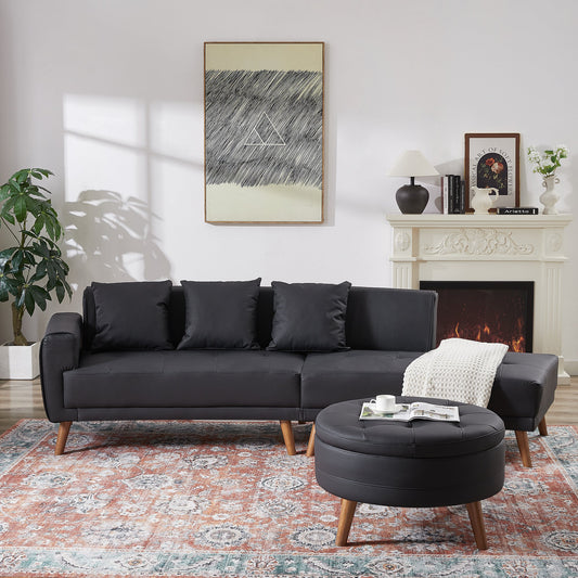 107" Contemporary Sofa Stylish Sofa Couch With a Round Storage Ottoman and Three Removable Pillows for Living Room, Black