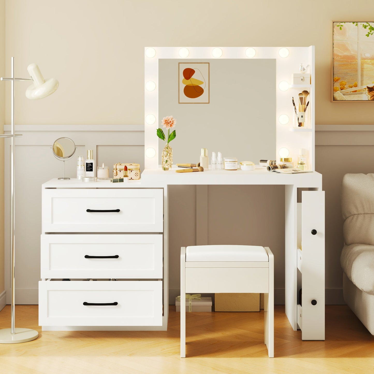 55.2" Vanity Desk With Freely Adjustable Side Cabinet, Makeup Vanity With Hollywood Lights, 5 Storage Drawers & 2-Shelve
