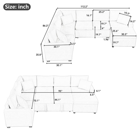 112.2" Sectional Sofa Pull-Out Sofa Bed Sleeper With a Storage Ottoman,Three Pillows and Charging Devices for Living Room