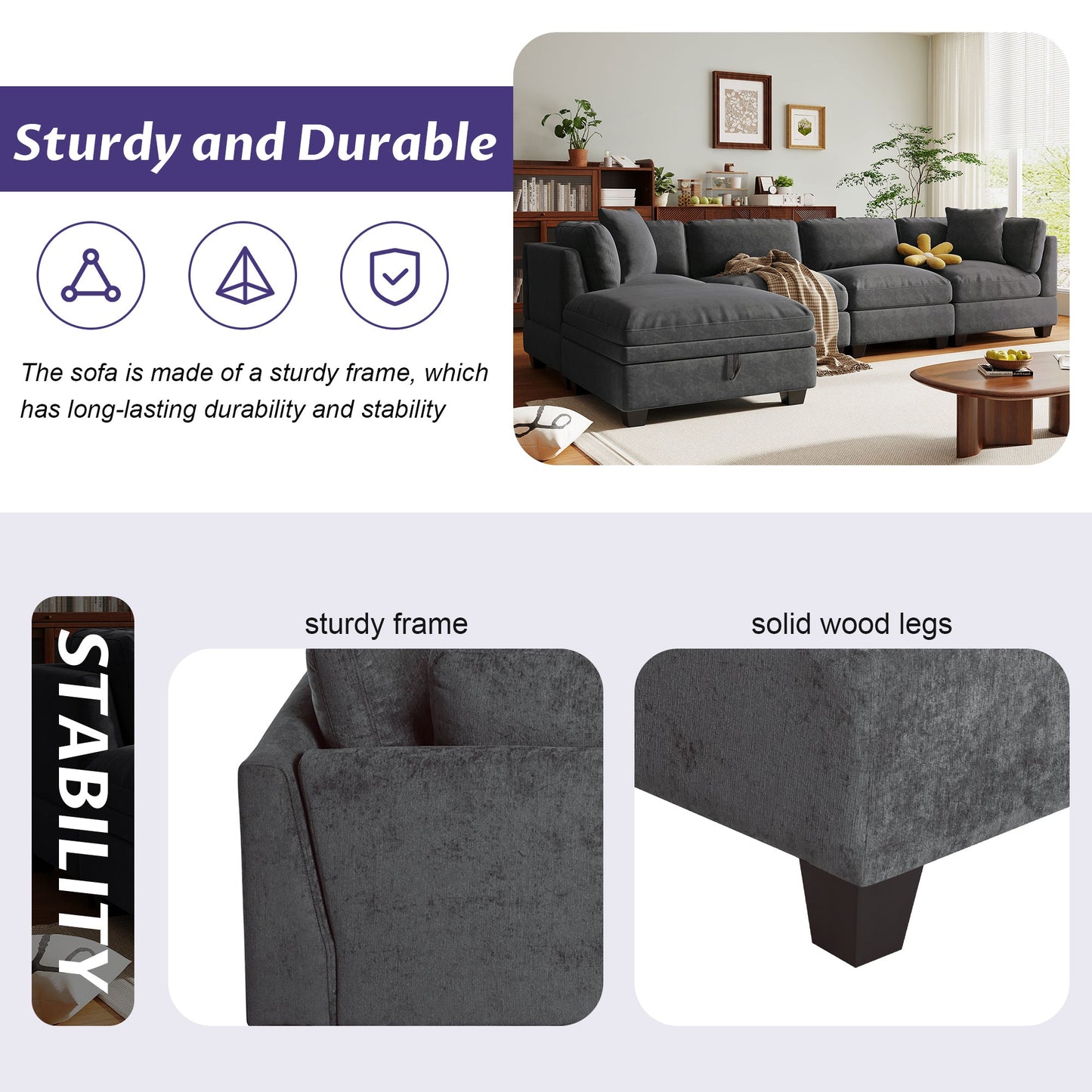 Upholstered Modular Sofa With Removable Storage Ottoman, 2 Hidden Cup Holders, Sectional Sofa for Living Room Apartment