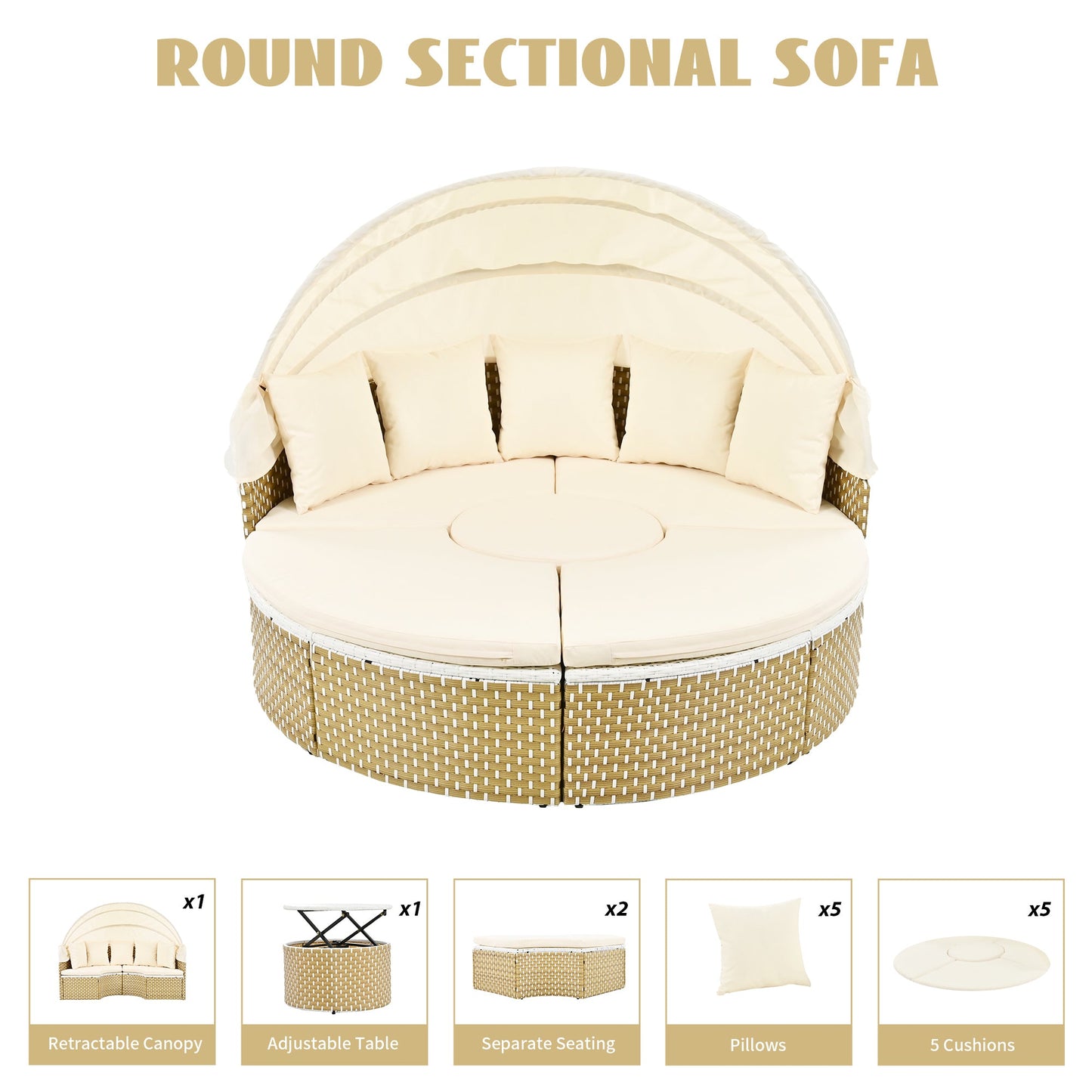 Patio Furniture Round Outdoor Sectional Sofa Set Rattan Daybed Two-Tone Weave Sunbed With Retractable Canopy