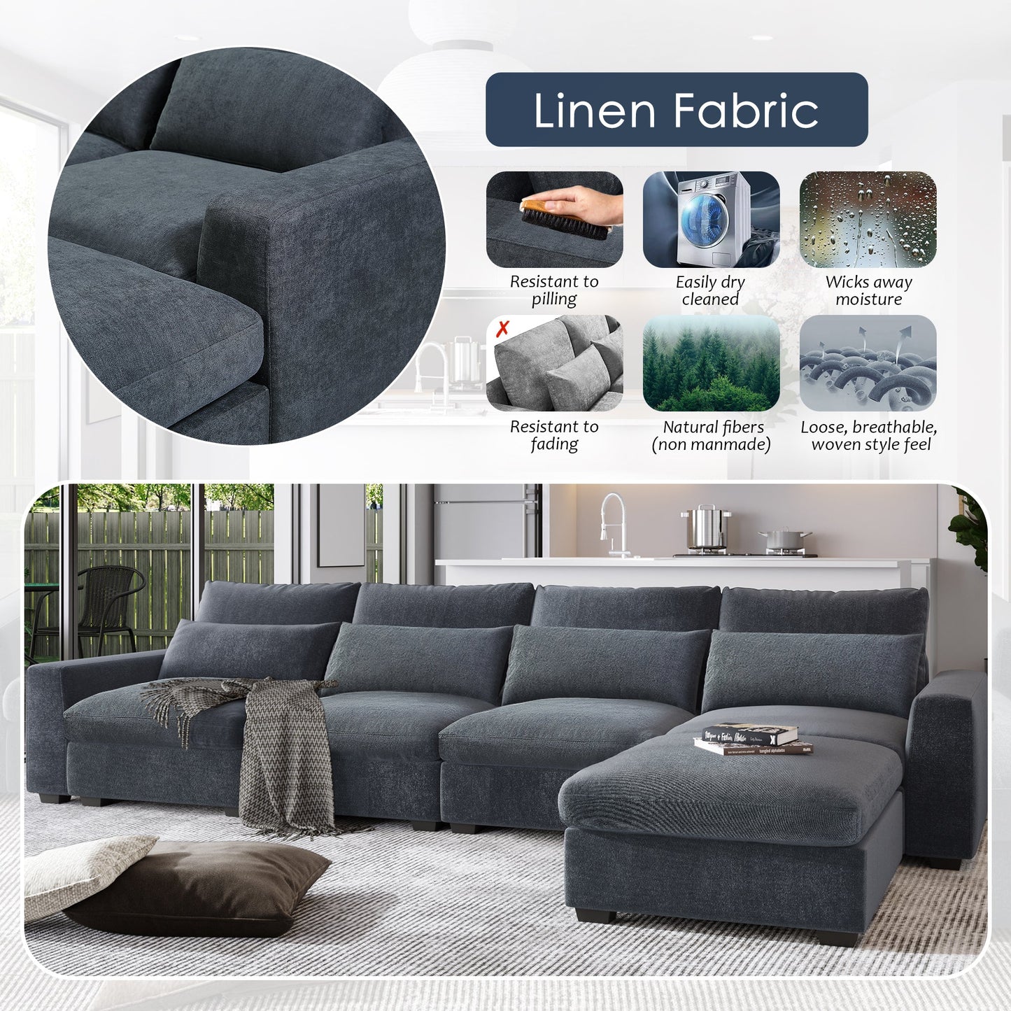 Modern Large L-Shape Feather Filled Sectional Sofa,  Convertible Sofa Couch