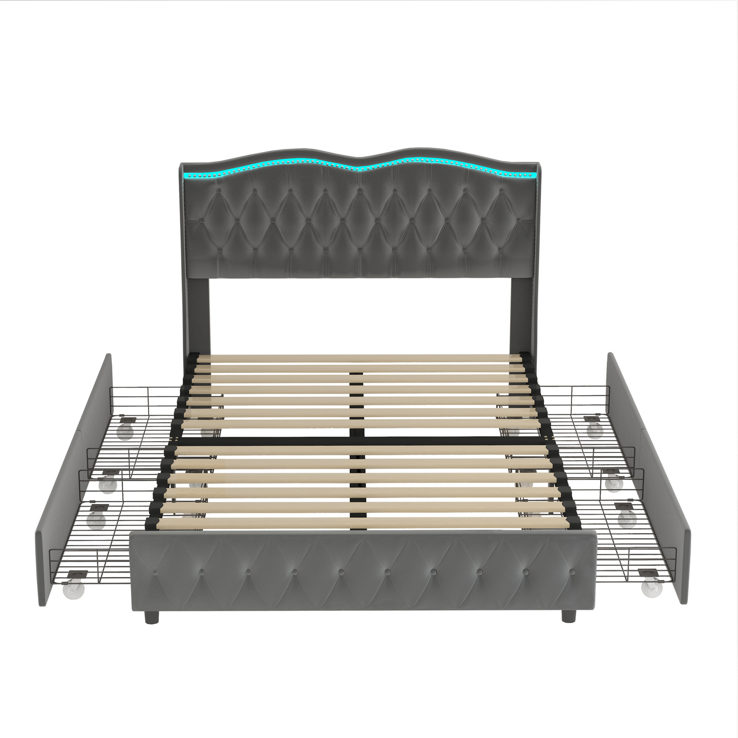 Queen Platform Bed Frame , Velvet Upholstered Bed With Deep Tufted Buttons and Nailhead Trim, Adjustable Colorful LED