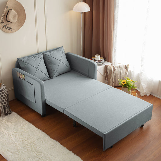 Modern Love Seat Futon Sofa Bed With Headboard,Linen Love Seat Couch,Pull Out Sofa Bed With 2 Pillows & 2 Sides Pockets