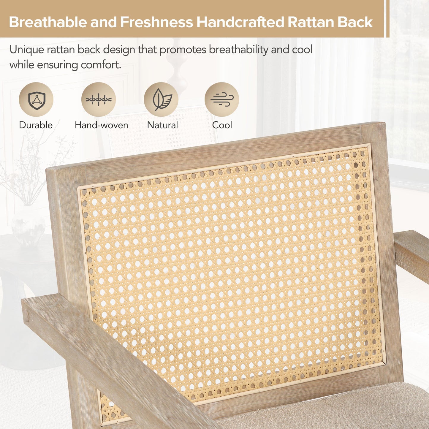 Mid-Century Accent Chair With Handcrafted Rattan Backrest and Padded Seat for Leisure, Bedroom, Kitchen, Living Room