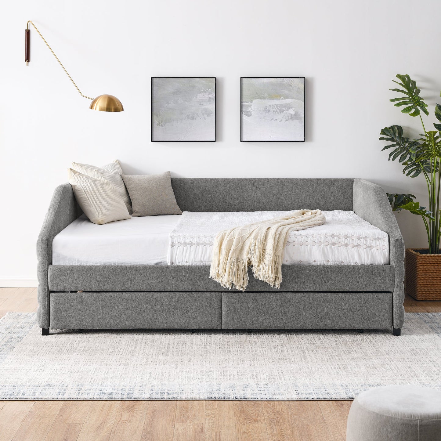 Queen Size Daybed With Two Drawers Trundle Upholstered Tufted Sofa Bed, Linen Fabric, Grey (88"x64.5"x34")