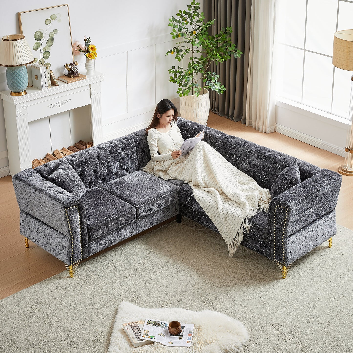81.5-Inch Chenille Corner Sofa , L-Shaped Sectional Couch, 5-Seater Corner Sofas With 3 Cushions for Living Room, Bedroom
