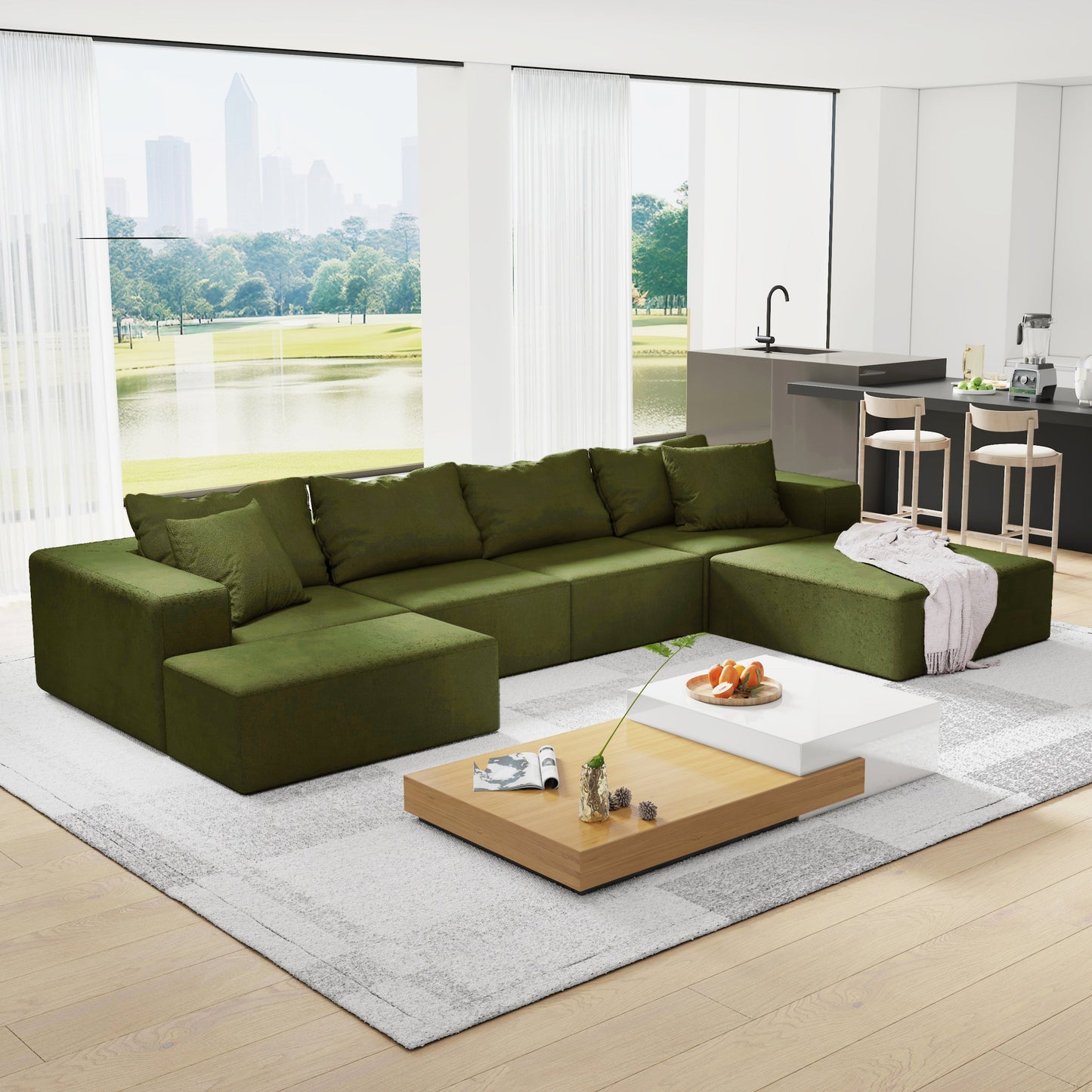 Modern Upholstered Sectional Sofa Couch Set,Modular 132" L Shaped Sectional Living Room Sofa Set With 6 Pillows