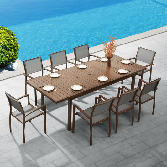 Carlo 9 Pieces Extendable Outdoor Patio Dining Set for Eight Person, Wood Color Painted Aluminum