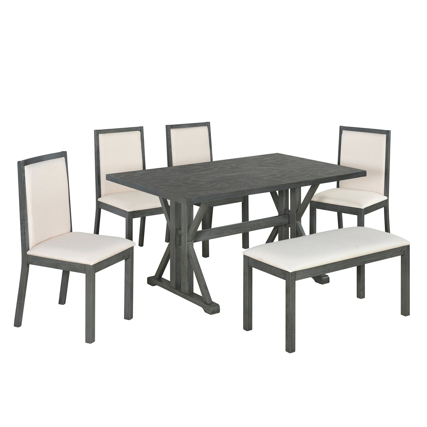 Farmhouse Classical 6-Piece Dining Table Set With Trestle Legs,Kitchen Table Set for 6 With 4 Upholstered Dining Chairs