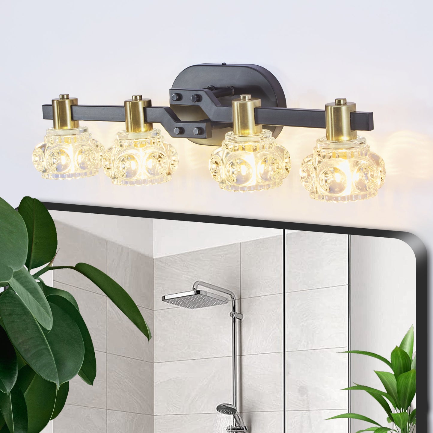 Vintage 4-Light Wall Sconce With Clear Crystal Shades, Black Iron Finish Vanity Light Fixture for Bathroom or Hallway