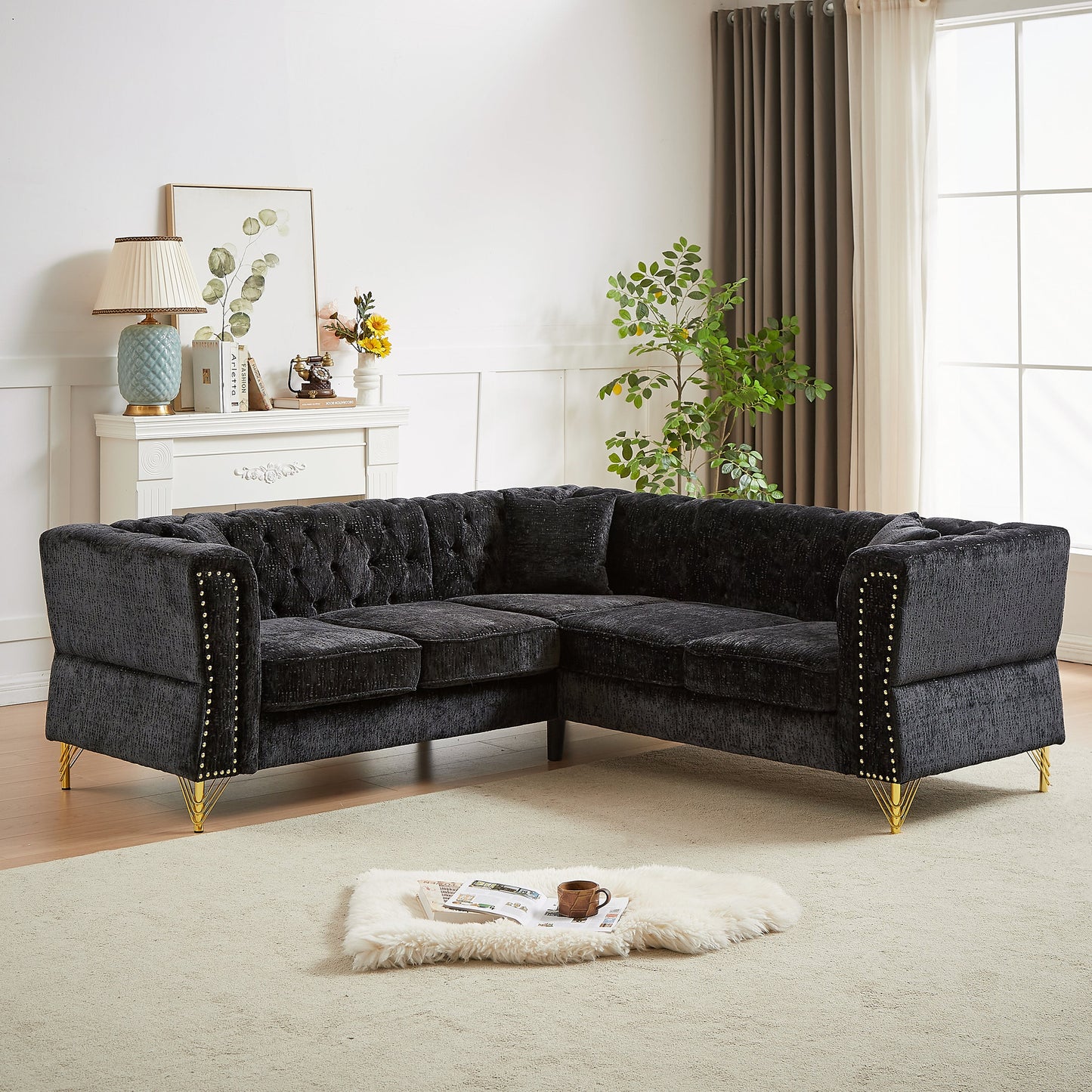 81.5-Inch Chenille Corner Sofa , L-Shaped Sectional Couch, 5-Seater Corner Sofas With 3 Cushions for Living Room, Bedroom