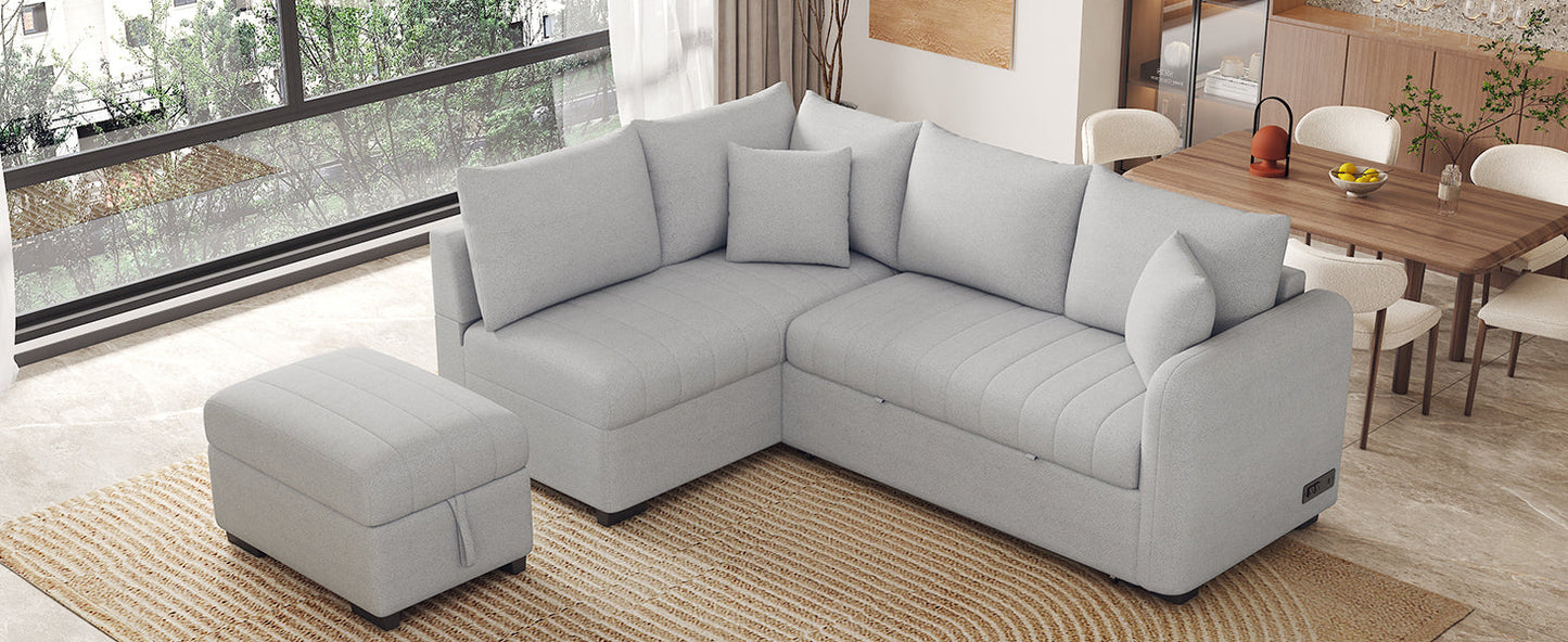 82.6" L-Shaped Sectional Pull Out Sofa Bed Sleeper Sofa With Two USB Ports, Two Power Sockets