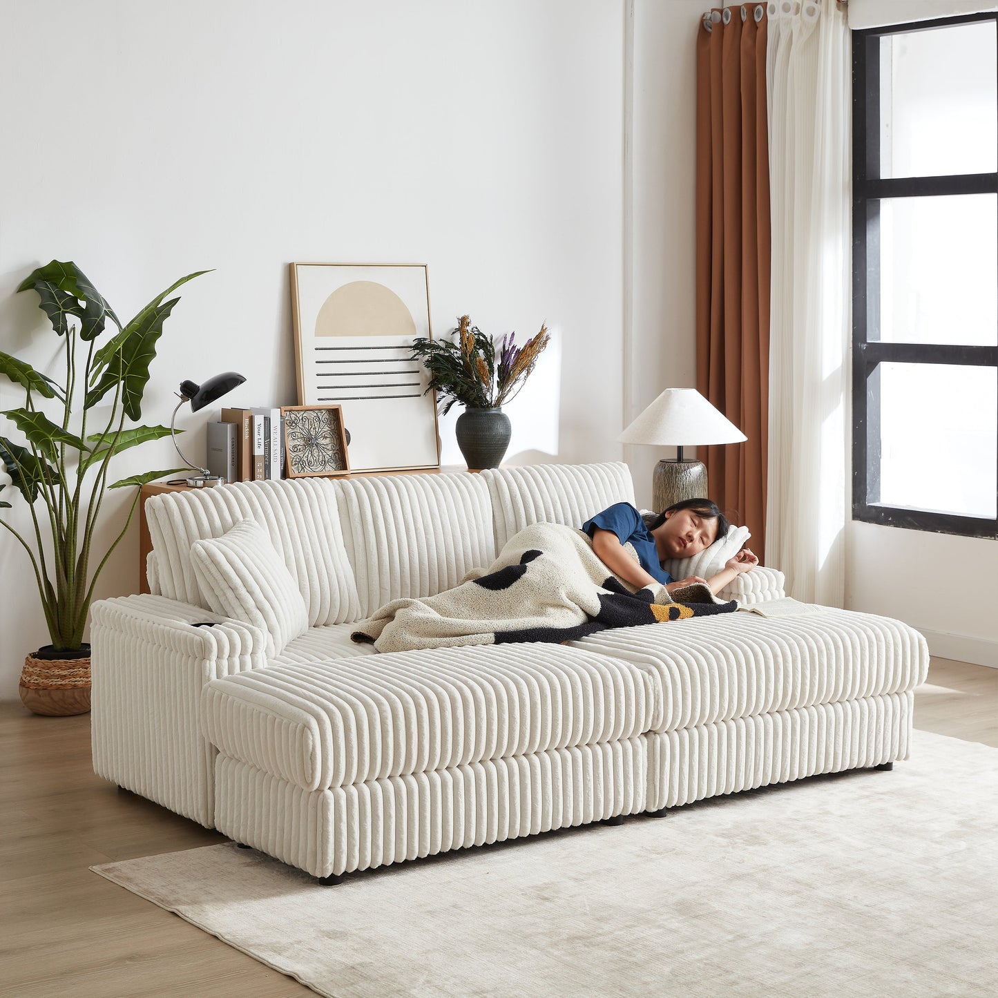 84Inch Corduroy 3-Seater Sofa With 3 Back Pillows ,2 Toss Pillows , a Ottoman ,2storage Spaces and Cup-Holding Grooves