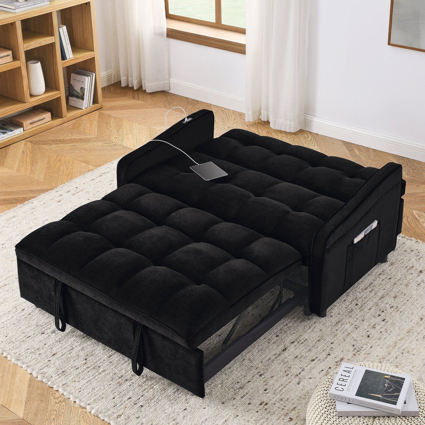 Loveseats Sofa Bed With Pull-Out Bed,Adjsutable Back and Two Arm Pocket,TypeC and USB Charging With Copper Nail,Black