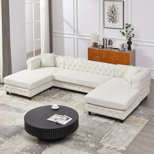 126-Inch Modern Style Chenille Three Piece Sofa, Pull Point Design U-Shaped Sofa Two Chaise Longue Seats, Two Pillows