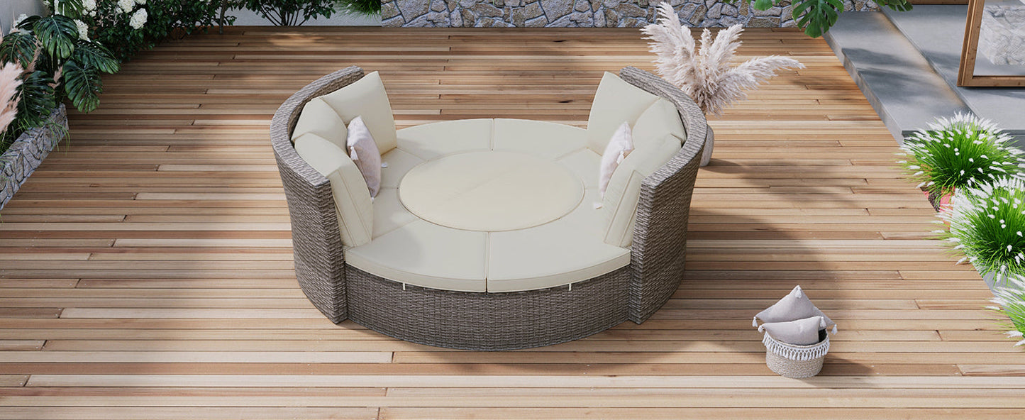 Patio 5-Piece Round Rattan Sectional Sofa Set All-Weather PE Wicker Sunbed Daybed With Round Liftable Table and Washable