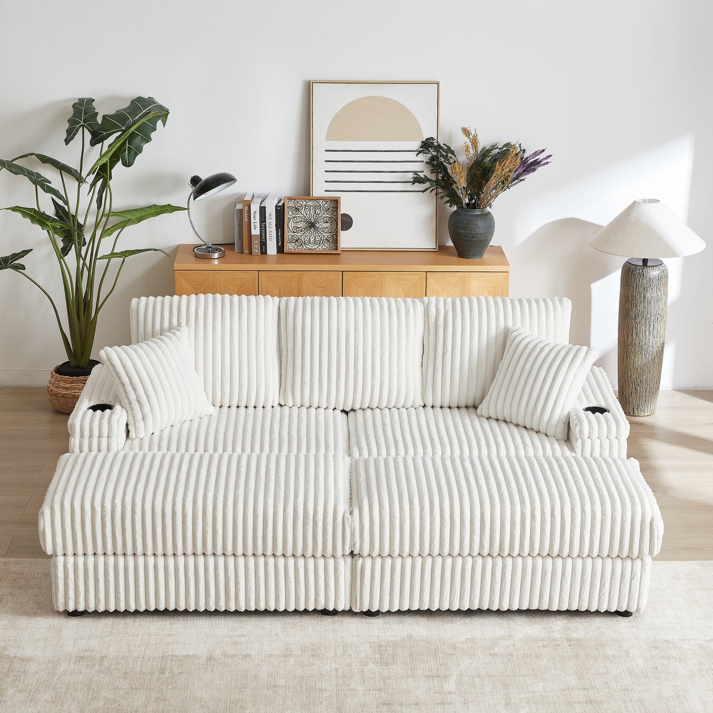 84Inch Corduroy 3-Seater Sofa With 3 Back Pillows ,2 Toss Pillows , a Ottoman ,2storage Spaces and Cup-Holding Grooves