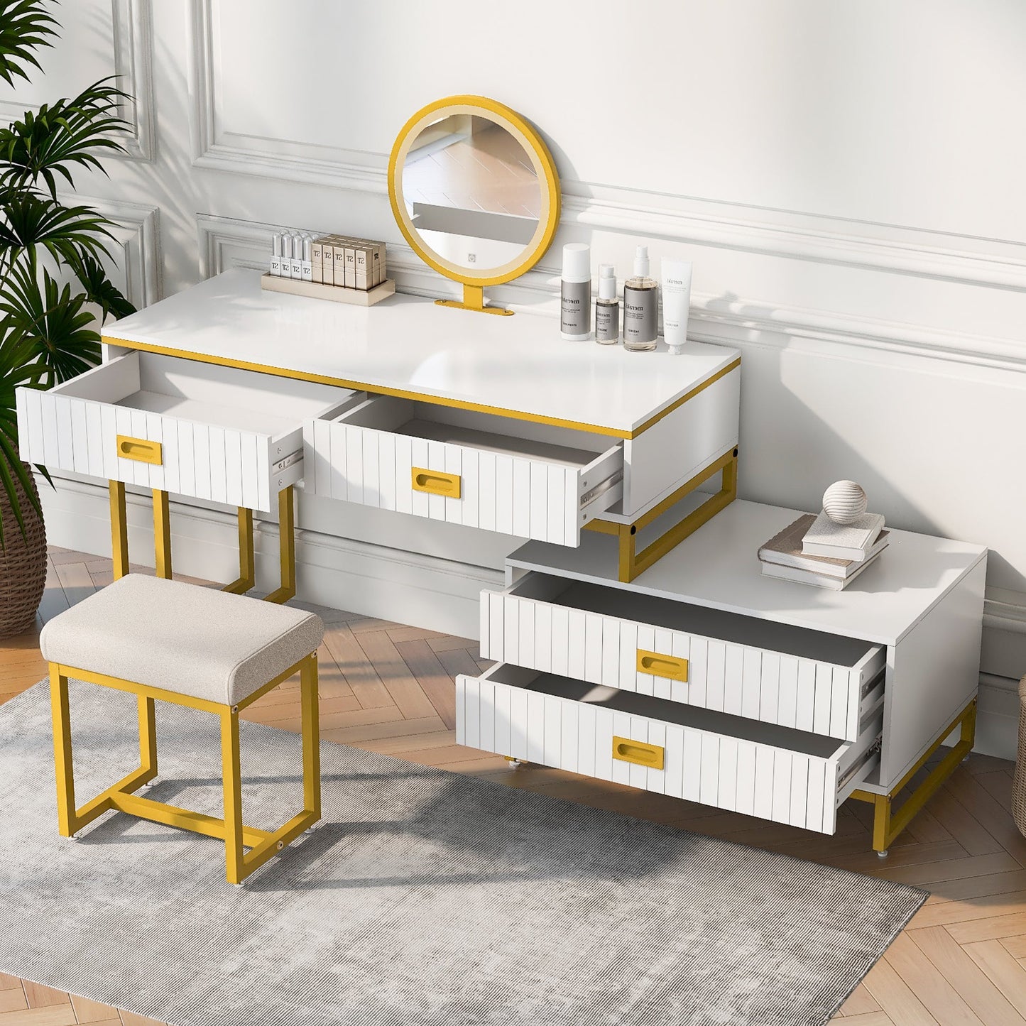 Modern Style Vanity Table With Movable Side Cabinet and 4-Drawers, Large Size Dressing Table With Mirror and 3-Colors