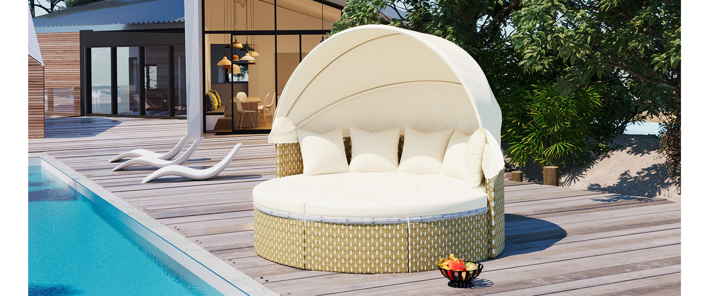 Patio Furniture Round Outdoor Sectional Sofa Set Rattan Daybed Two-Tone Weave Sunbed With Retractable Canopy