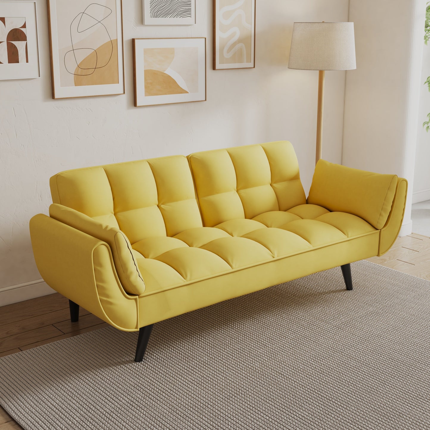 57 Inch Yellow Sofa Soft Two Armrests Throw Pillow Pillow Comfortable Fit Apartment Bedroom Small Space
