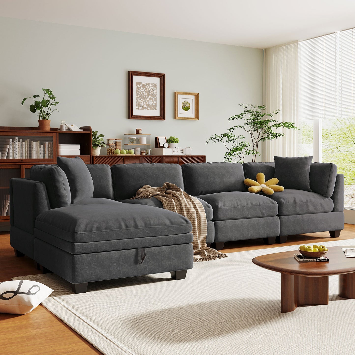 Upholstered Modular Sofa With Removable Storage Ottoman, 2 Hidden Cup Holders, Sectional Sofa for Living Room Apartment
