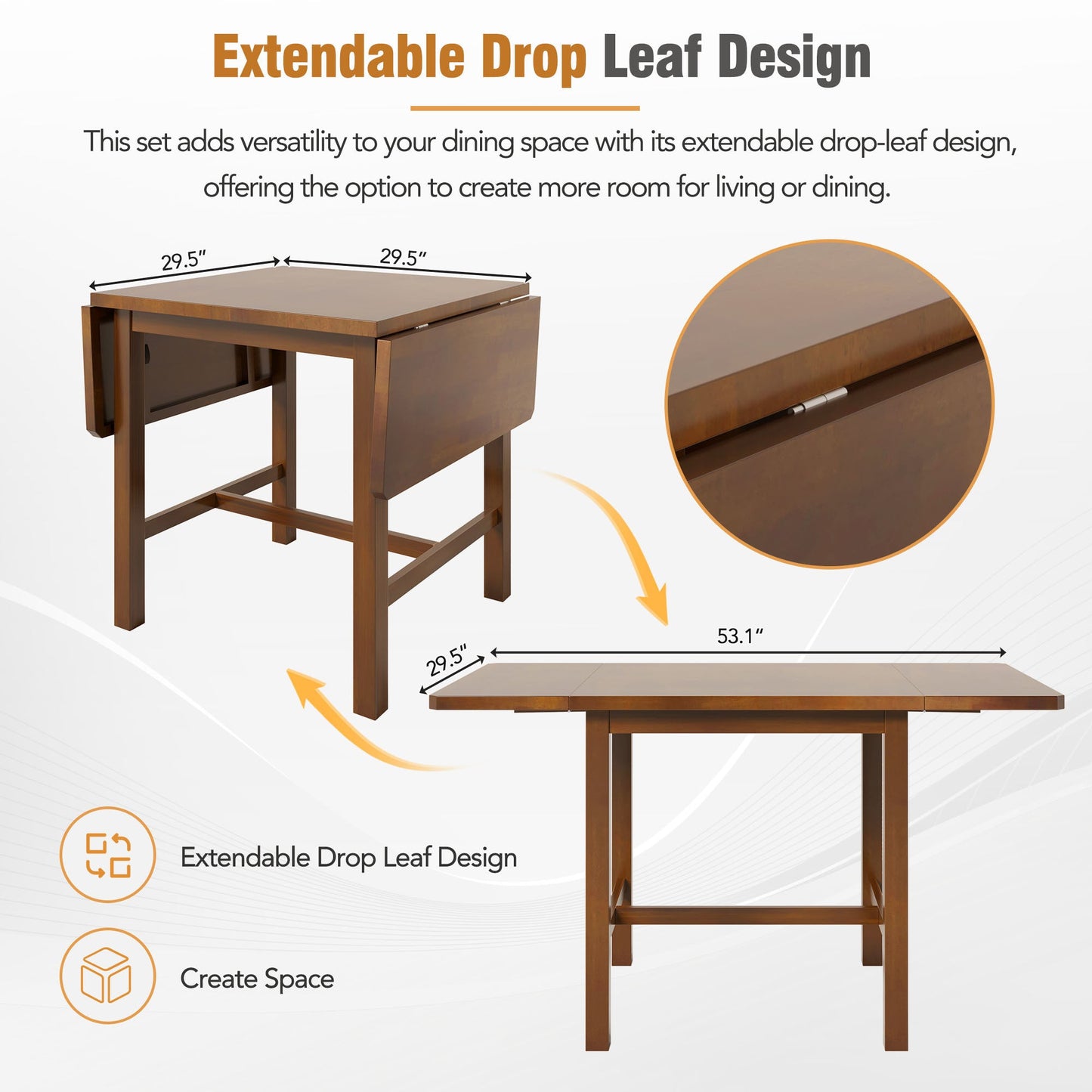 5-Piece Wood Square Drop Leaf Breakfast Nook Extendable Dining Table Set With 4 Ladder Back Chairs for Small Places
