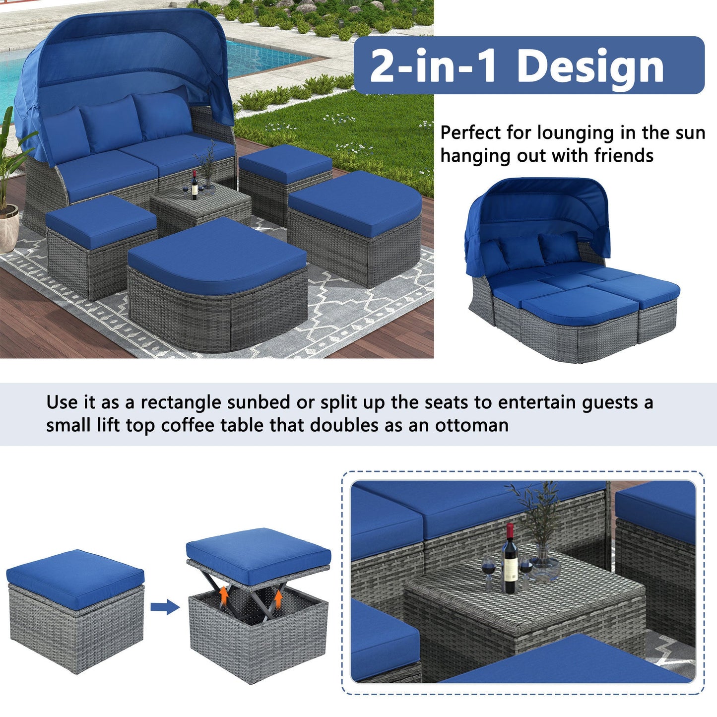Outdoor Patio Furniture Set Daybed Sunbed With Retractable Canopy Conversation Set Wicker Furniture