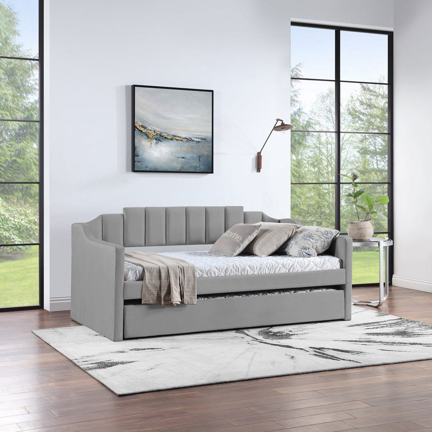 Velvet Daybed With Trundle Upholstered Tufted Sofa Bed,  Both Twin Size, Grey