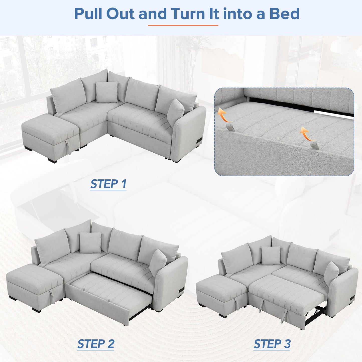 82.6" L-Shaped Sectional Pull Out Sofa Bed Sleeper Sofa With Two USB Ports, Two Power Sockets