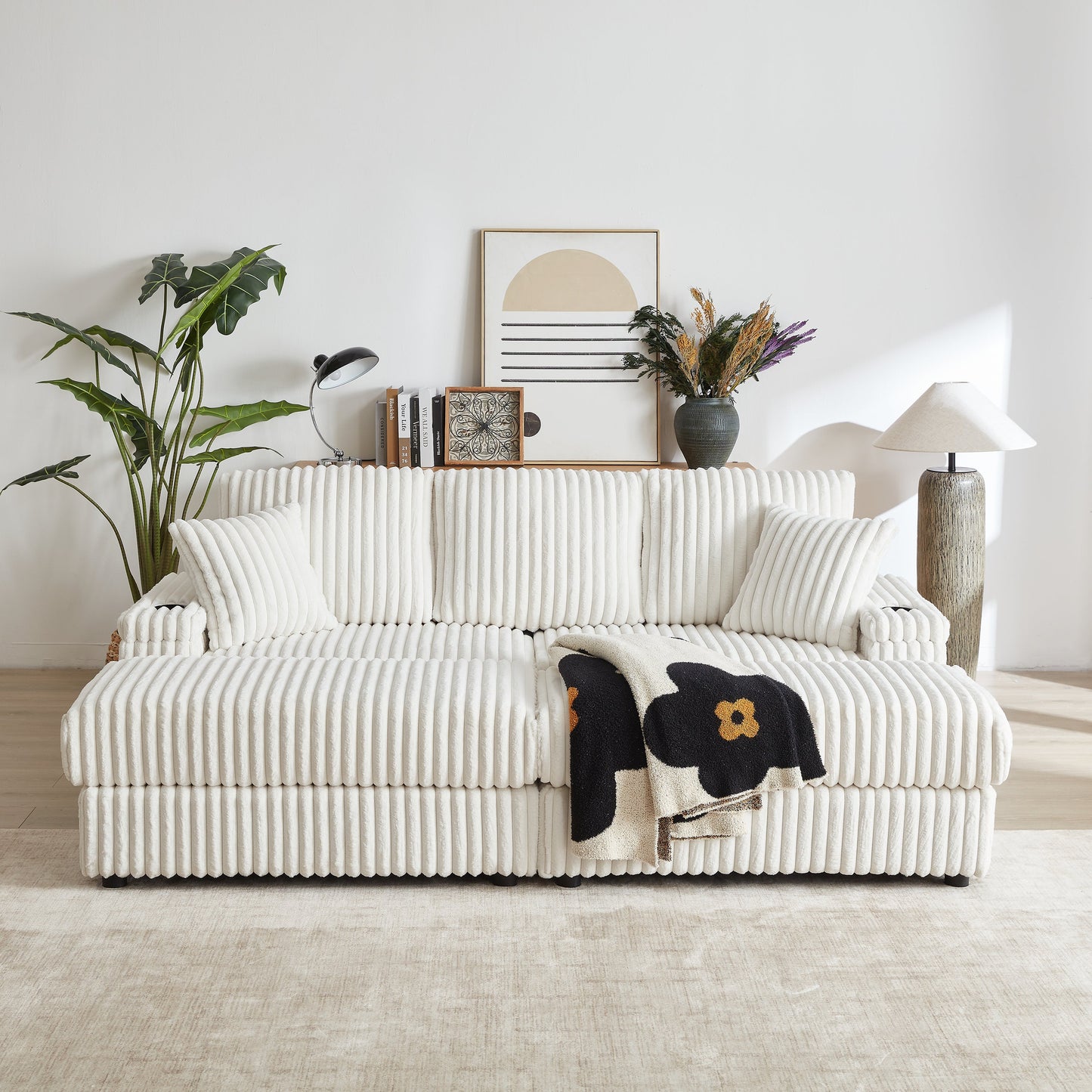 84Inch Corduroy 3-Seater Sofa With 3 Back Pillows ,2 Toss Pillows , a Ottoman ,2storage Spaces and Cup-Holding Grooves