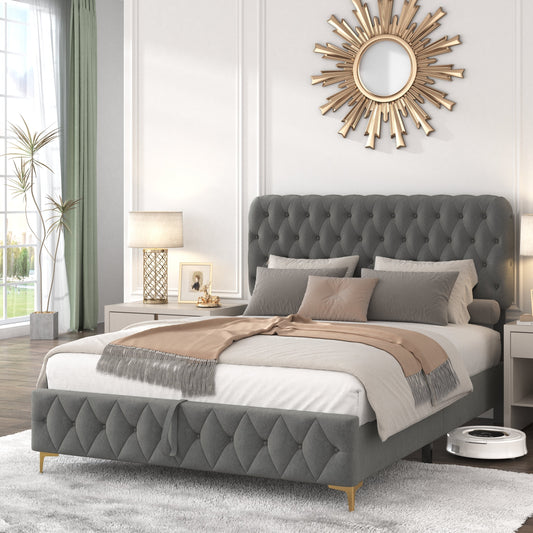Queen Platform Bed Frame With Pneumatic Hydraulic Function, Velvet Upholstered Bed With Deep Tufted Buttons