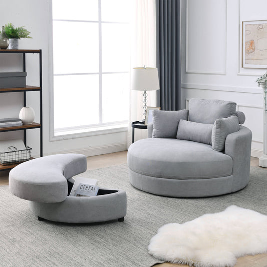 Swivel Accent Barrel Modern Grey Sofa Lounge Club Big Round Chair With Storage Ottoman Linen Fabric for Living Room