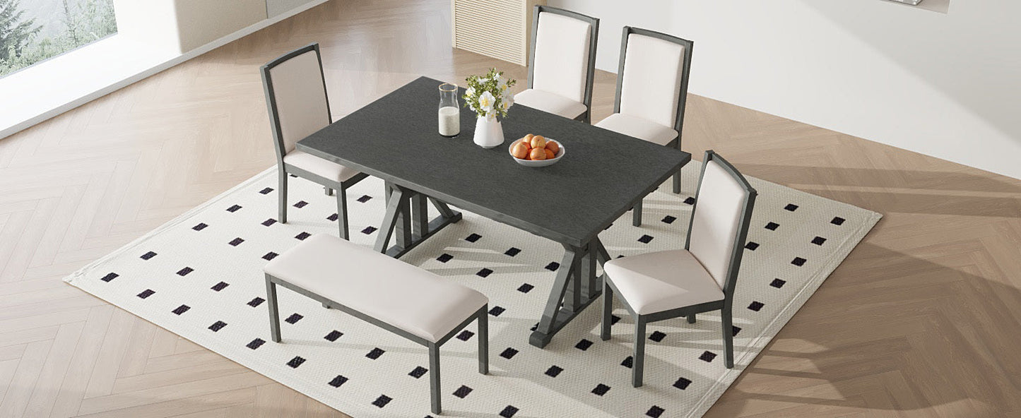 Farmhouse Classical 6-Piece Dining Table Set With Trestle Legs,Kitchen Table Set for 6 With 4 Upholstered Dining Chairs