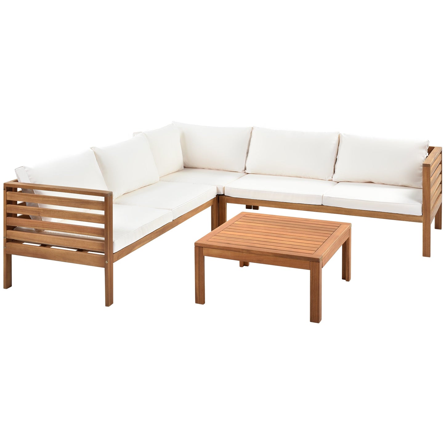 Wood Structure Outdoor Sofa Set With Beige Cushions Exotic Design Water-Resistant and UV Protected Texture High Quality