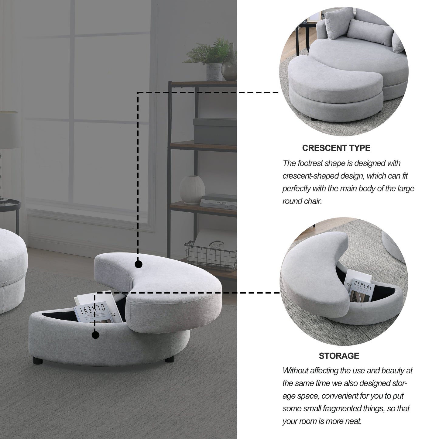 Swivel Accent Barrel Modern Grey Sofa Lounge Club Big Round Chair With Storage Ottoman Linen Fabric for Living Room