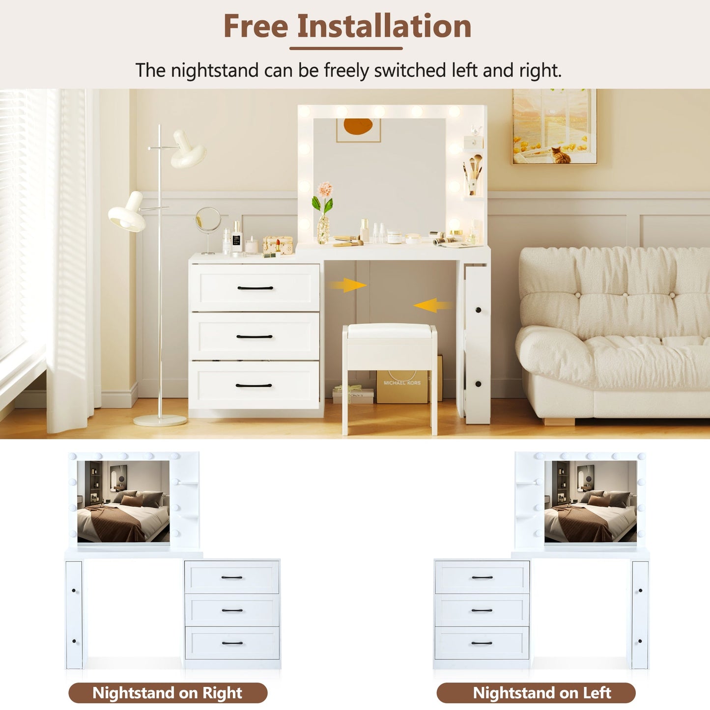 55.2" Vanity Desk With Freely Adjustable Side Cabinet, Makeup Vanity With Hollywood Lights, 5 Storage Drawers & 2-Shelve